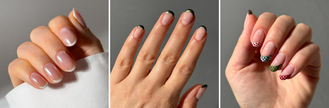 French White Glazed par look8thenails, double mini French Groove et Queen of night & Edgy Polka dots French par irasnailroom