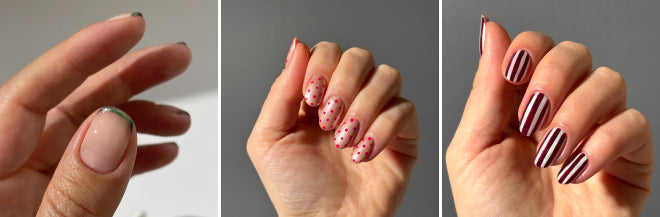 French manucure Groove par nenapleasenails, Romantic polka dots & Fairy stripes par irasnailroom