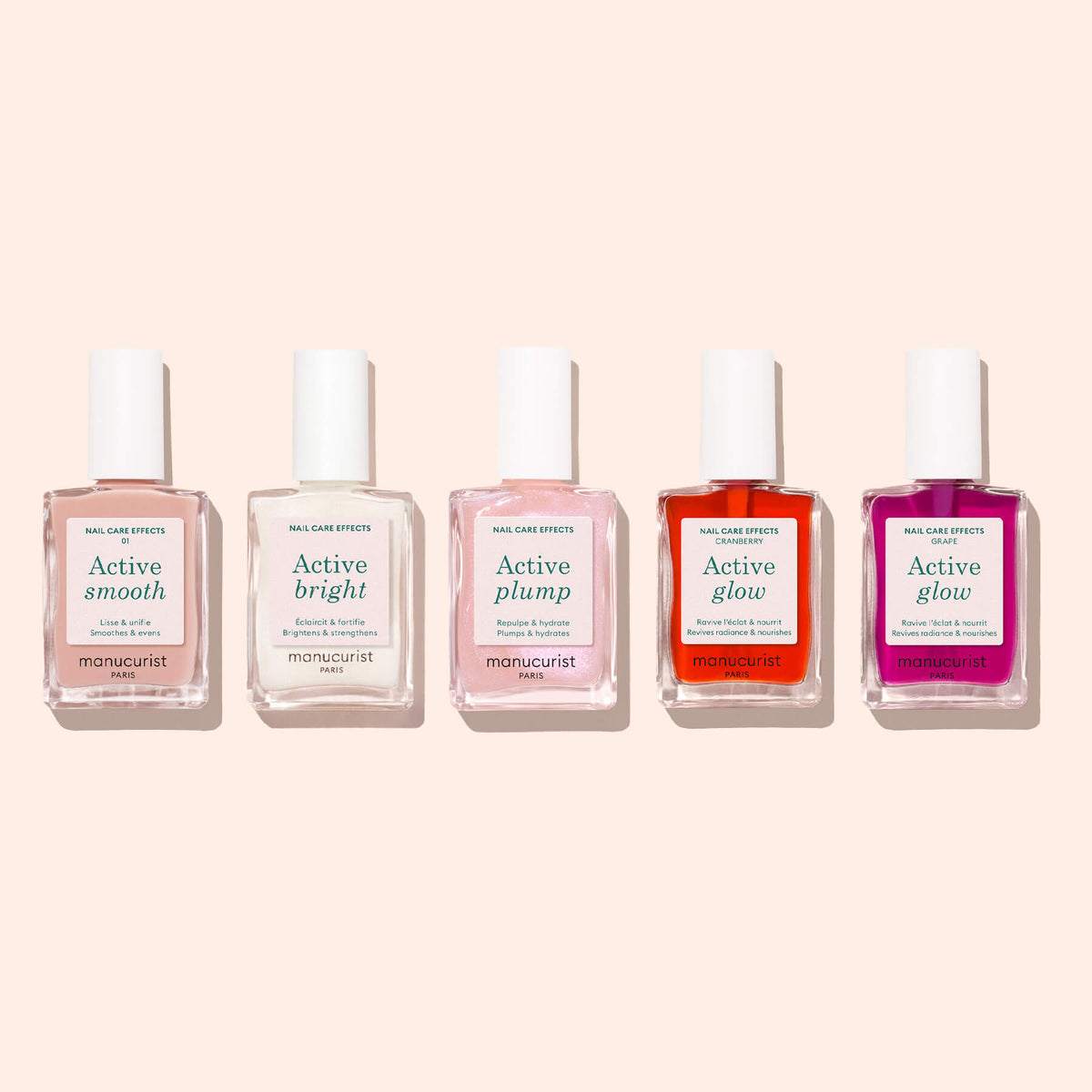 Cinq flacons Active soins ongles alignés