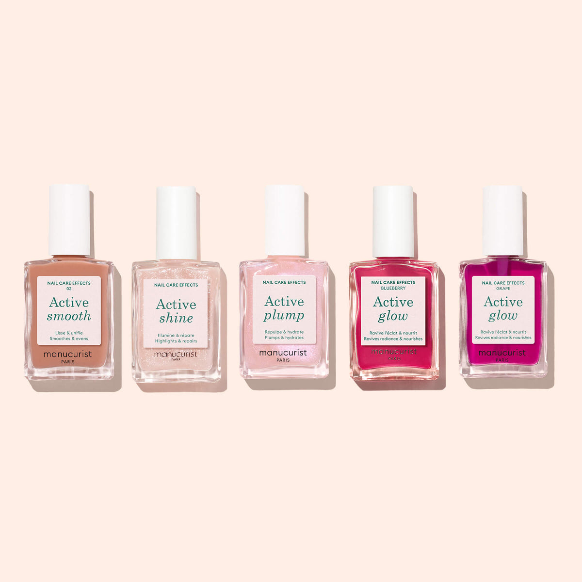 Cinq flacons Active soins ongles alignés