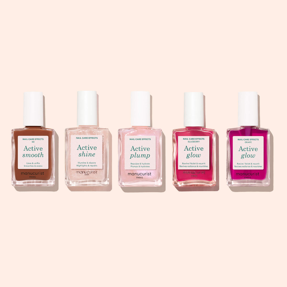 Cinq flacons Active soins ongles alignés